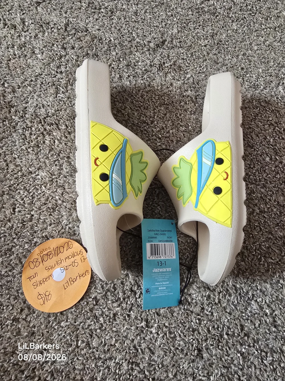 Squishmallows Tan Slide Sandals with Yellow-Green Fruit Accents